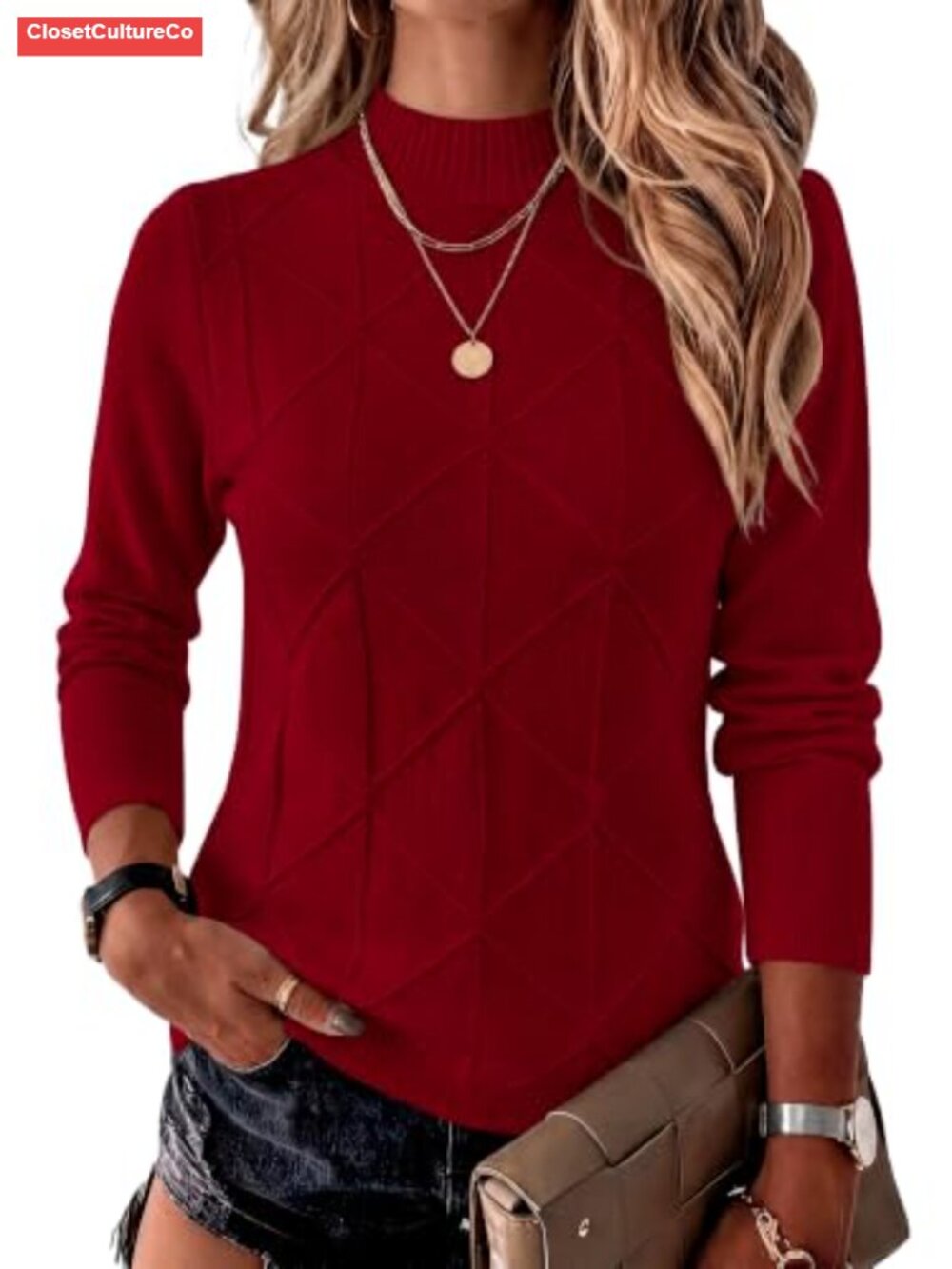 Mock Neck Cable Knit Sweater Long Sleeve Pullover Soft Lightweight